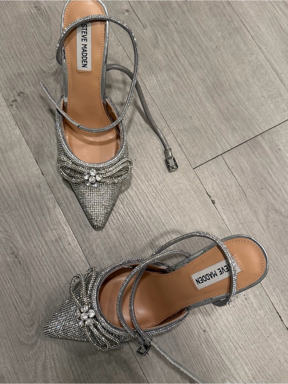 Steve Madden Silver Crystal Knot Pointed-Toe Ankle-Tie Heels